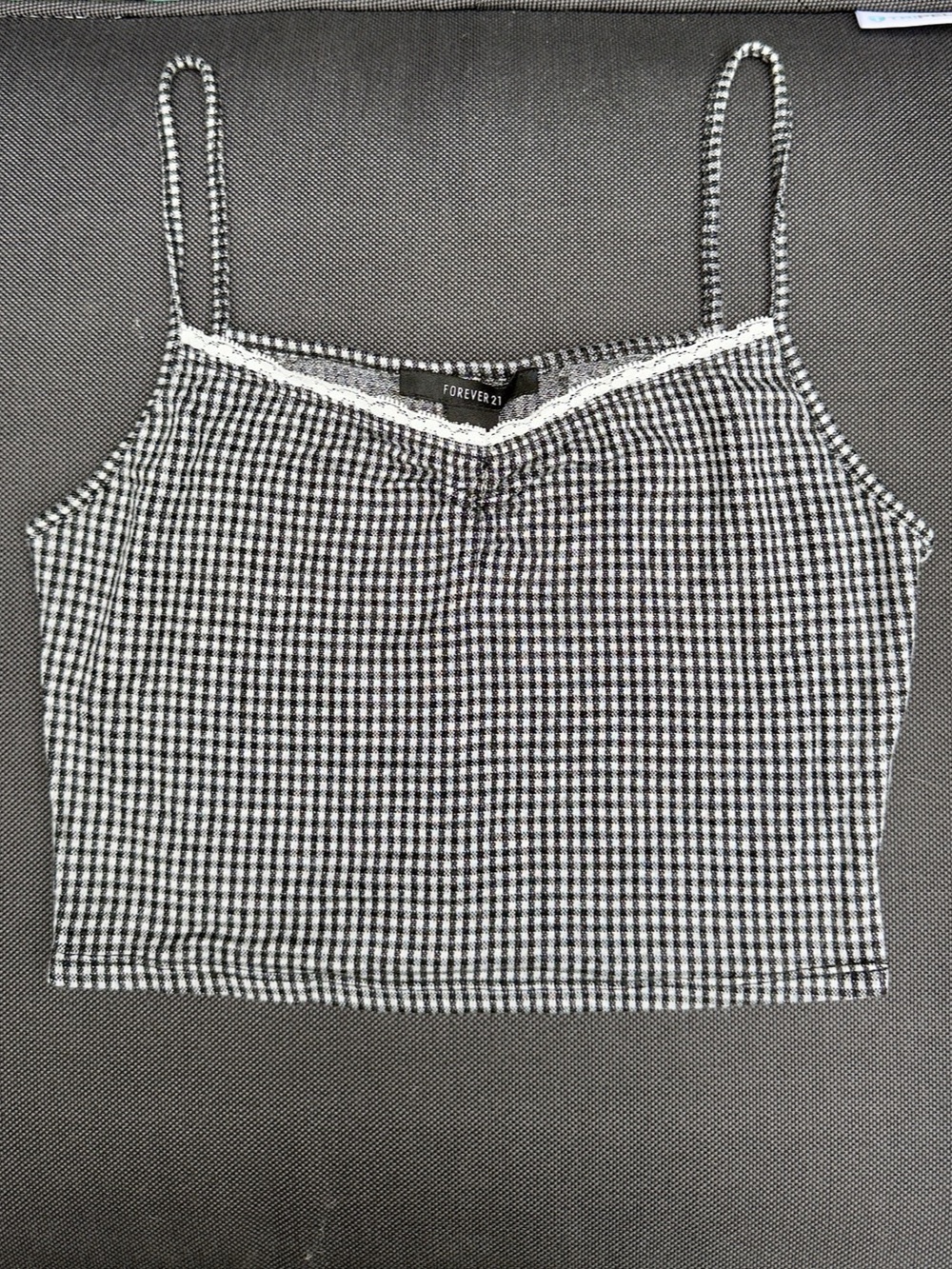 Black White Gingham Lace-Trim Crop Top Cami Small Spaghetti Strap